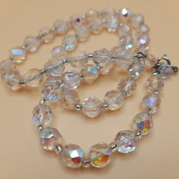 Vintage Clear Fire Polished Czech Bead Necklace, 19 Inch, 8mm AB Clear Crystal - Picture 2 of 10
